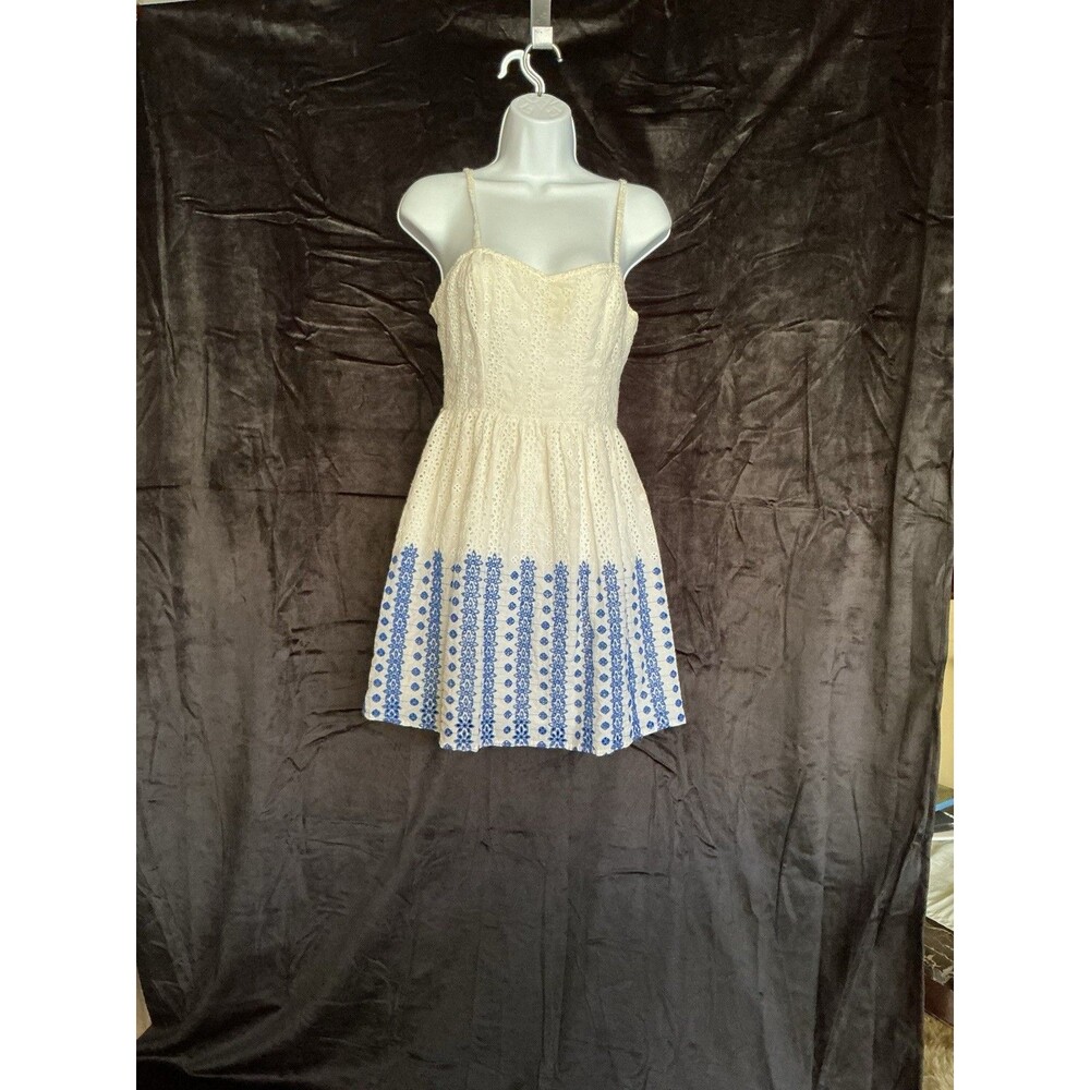 Myan Blue & White Eyelet, Embroidered Cotton Dress Sz S